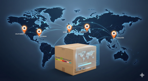 World map with SurSector warehouse markers in USA, China, Spain, and Armenia.